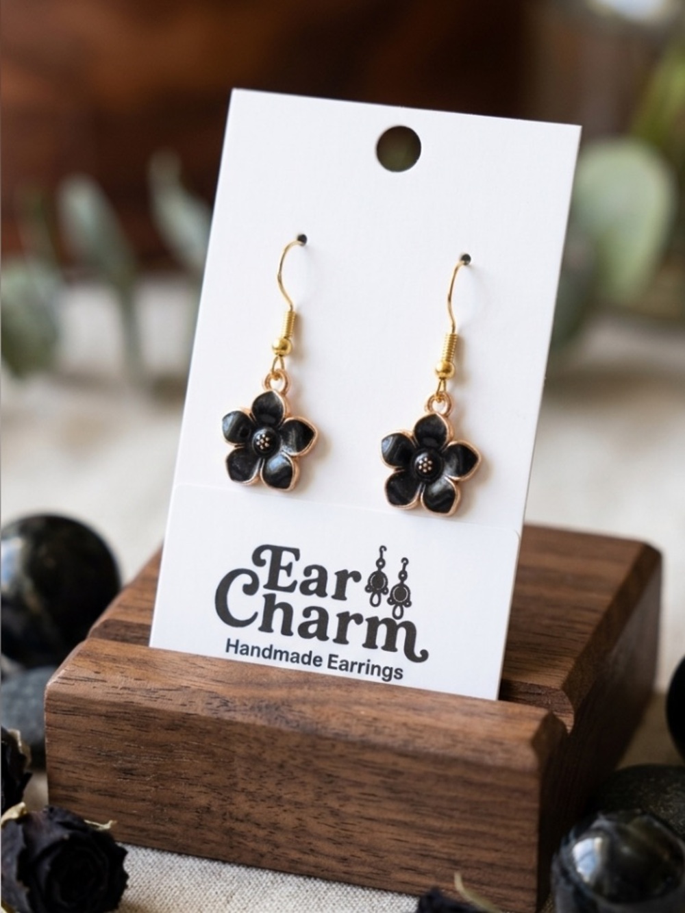 New Black Flower Dangle Earrings - Handmade Women’s Jewelry